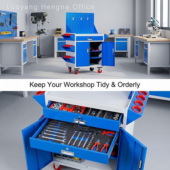 Open drawer and double-door cabinet on electrician rolling tool cart showing tool storage capacity