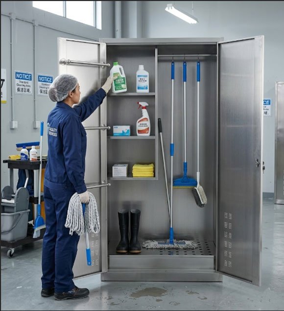 Janitor cabinet with drying rod and hooks installed in hotel housekeeping closet