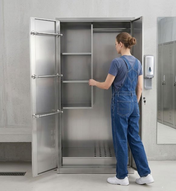 Stainless steel cabinet with drainage installed in hotel janitor closet