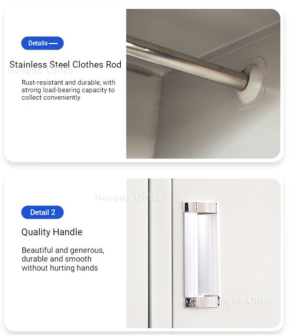 Stainless steel hanging rod inside 4 door locker compartment with rust resistant finish