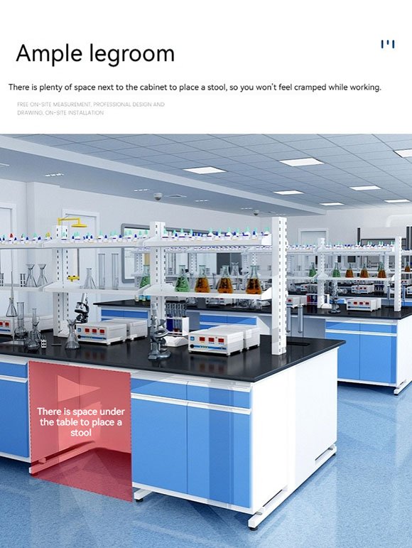 Solid phenolic resin lab bench installed in food microbiology laboratory — seamless non-porous work surface with UV lamp and petri dishes