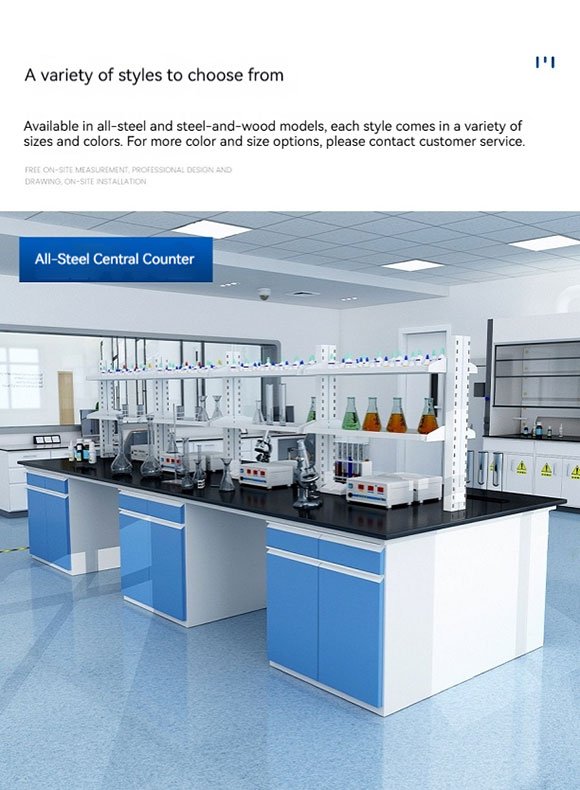 Food testing lab bench with 19mm solid phenolic resin worktop and cold-rolled steel frame — QA laboratory setup