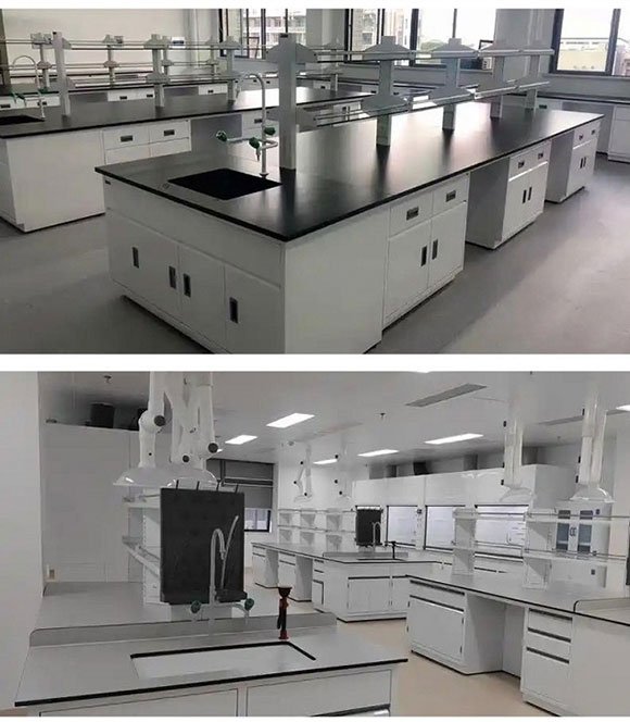 Steel-wood lab bench construction detail — 1.2mm cold-rolled steel frame with electrostatic powder coating, 19mm solid phenolic resin worktop, three-section ball-bearing drawer slides, and PVC edge-banding on cabinet doors