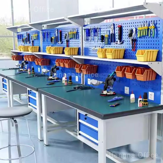 ESD workbench with pegboard and power outlet