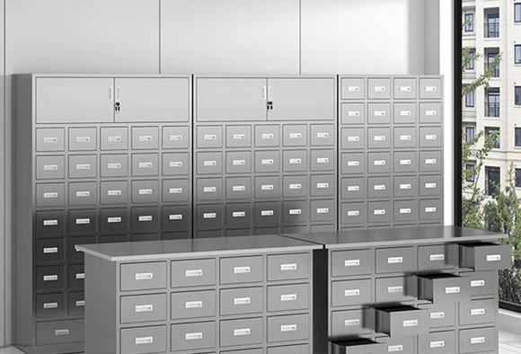 Chinese medicine cabinets and dispensing tables arranged in a TCM clinic room