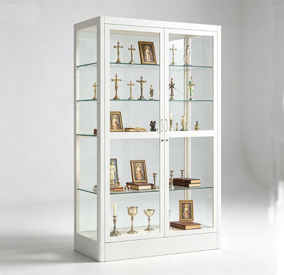 White steel church display cabinet with tempered glass doors for religious artifacts