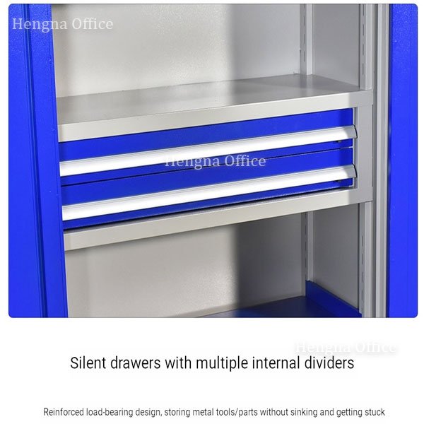 Blue steel rolling tool cabinet with open pegboard doors showing organized tool storage for shipyard maintenance