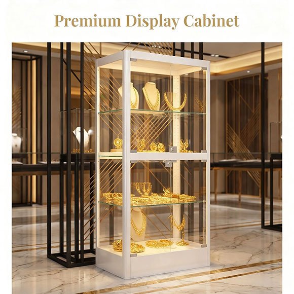 Black frame glass jewelry display cabinet with LED lighting in a Dubai gold shop