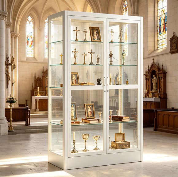 Lockable tempered glass showcase in a church narthex protecting sacred objects behind a key lock door