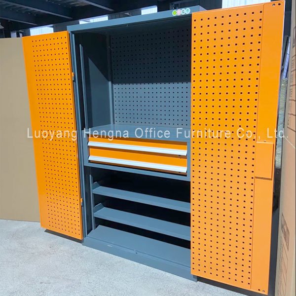 Slim full-height steel tool cabinet for a compact workshop space