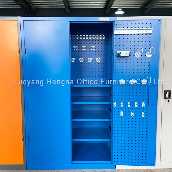 Tool cabinet doors with hooks and shelves storing hand tools in a small workshop