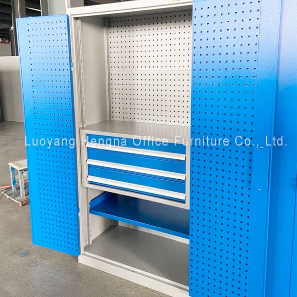 Open heavy duty tool cabinet showing drawer configuration for workshop tools