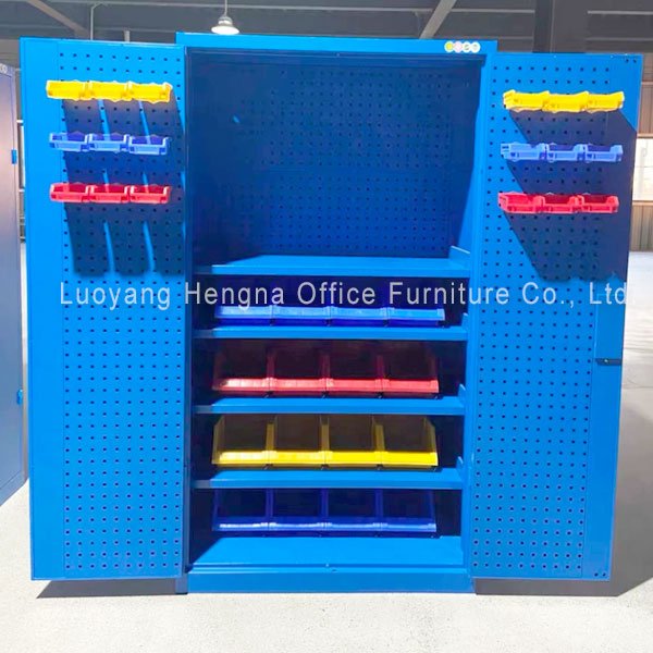 Tool cabinet pegboard door with color-coded parts bins for small parts organization