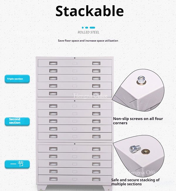 Stackable steel flat file cabinet with non-slip screws for multi-section stacking